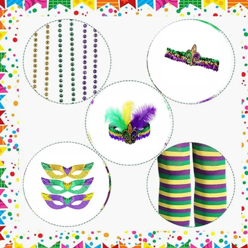 

Mardi Gras Costume Set with Bead Necklace Stripe Stockings LasVegas Fat Tuesday Decoration Carnival Party Props Supplies