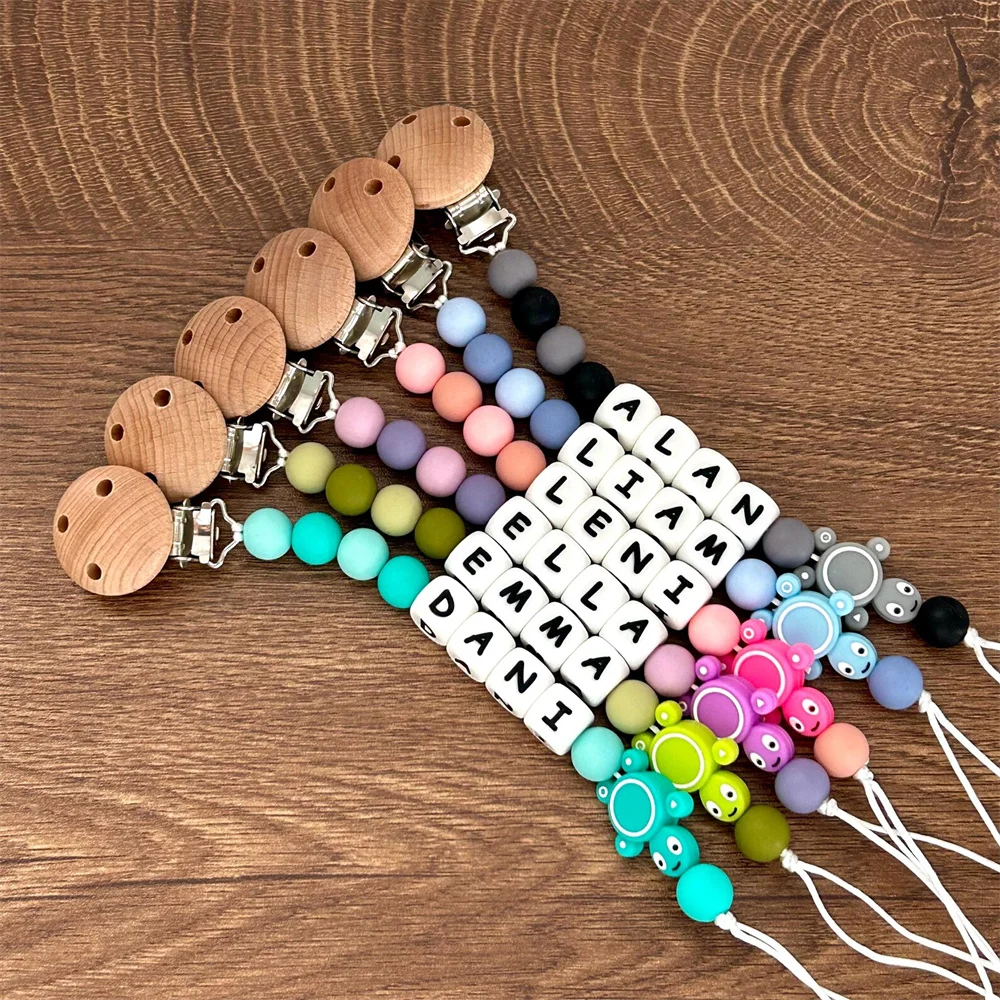 Personalized Name Pacifier Chain with Colorful Beads, Animal Charms & Wooden Clips