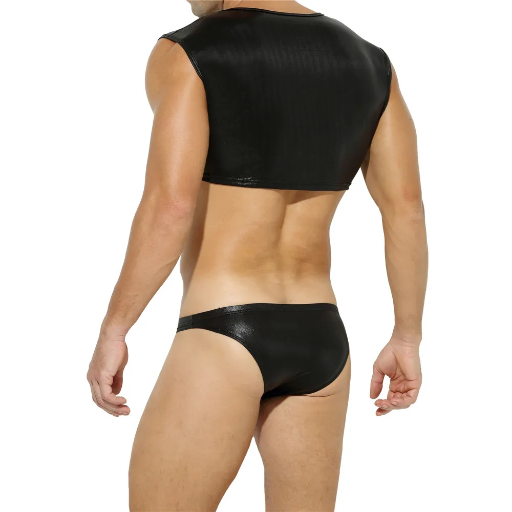Sexy Shiny Mens Clothes Set Faux Leather Crop Tops Nightclub Sexy Chest Harness Mini Vests + Boxer Briefs Men Underwear Clubwear