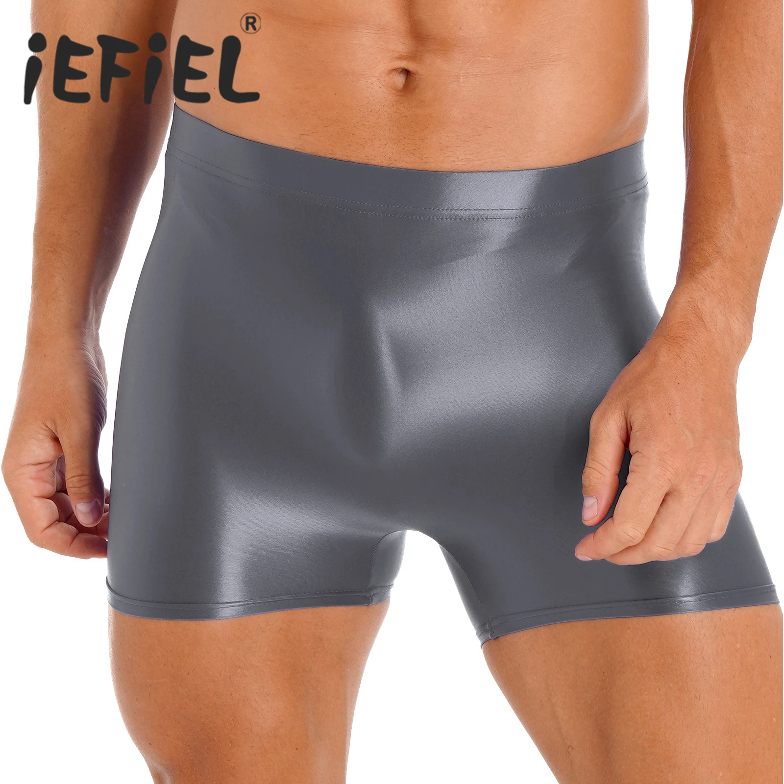 Mens Glossy Boxer Shorts Mid Waist Hot Pants Elastic Waistband Short