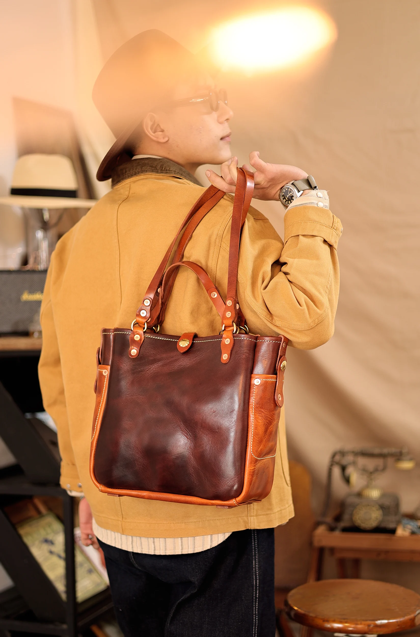 PNDME amerikanische Vintage handgemachte schwere Rindsleder Herren-Einkaufstasche Outdoor-Pendler-Handtasche aus echtem Leder mit großem Fassungsvermögen – Detail 17