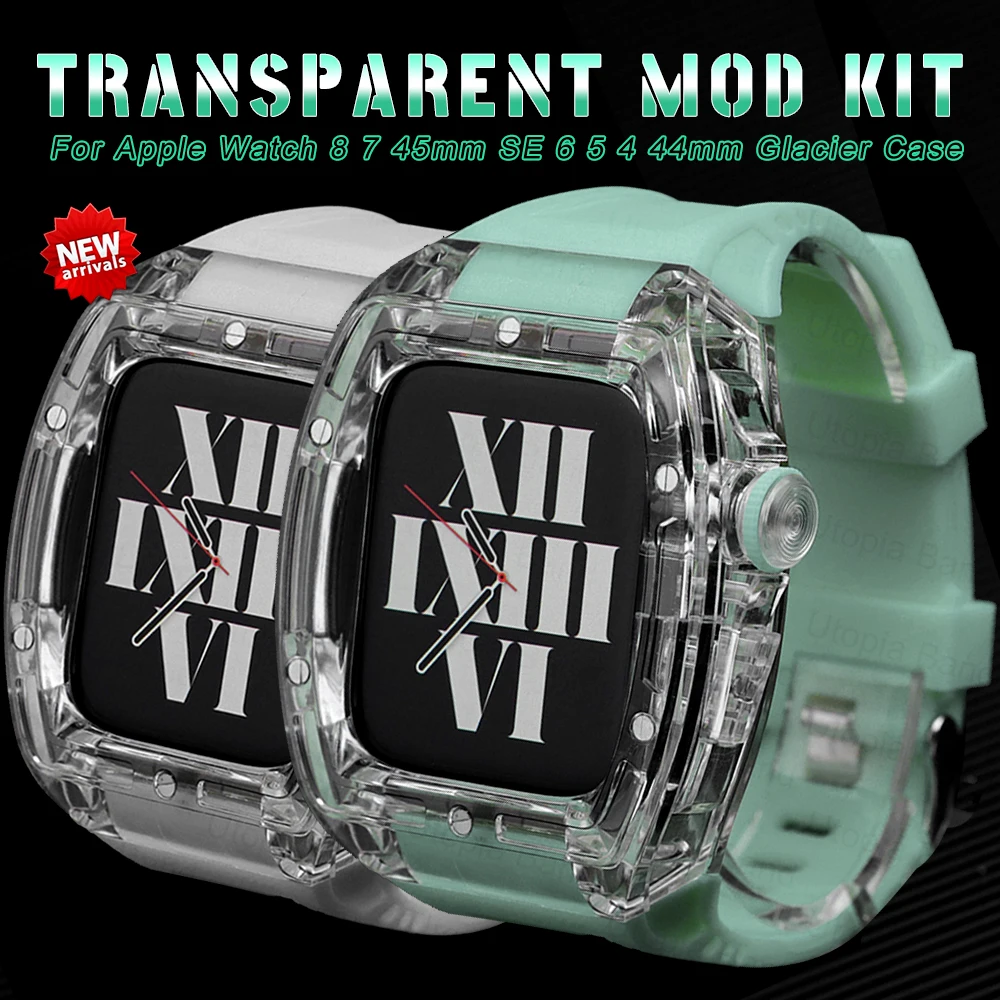 

Transparent Modification Kit For Apple Watch 8 7 6 SE 5 4 Glacier Case Rubber Strap For Iwatch Series 44mm 45mm Sport Band Cover