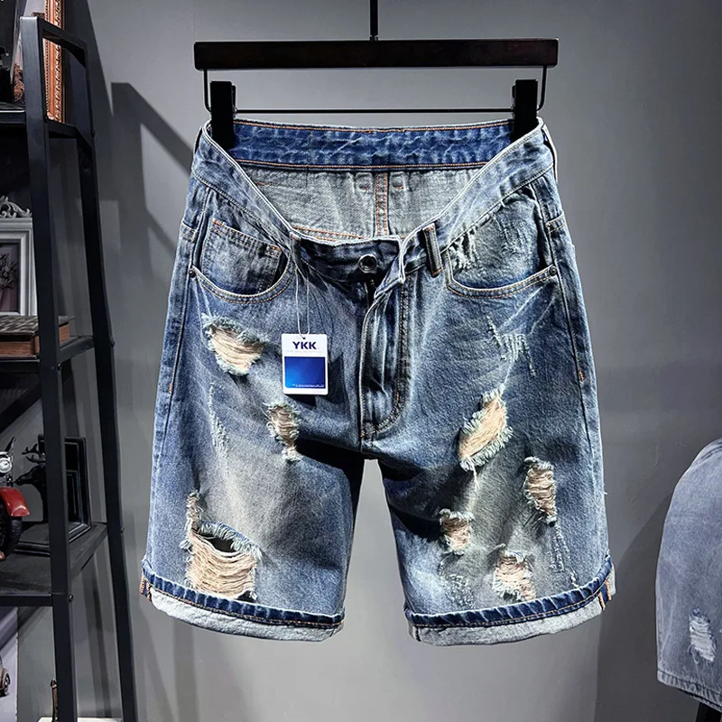 

Men New Summer Denim Shorts Loose Ripped Five Points Medium Pants Fashion Trend Everything Match Street Beach Casual Shorts