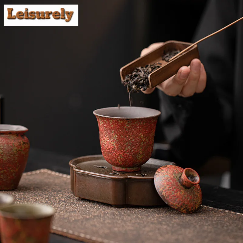 130ml Kiln Change Red Old Rock Mud Gaiwan Retro Tea Tureen Tea Bowl With Lid Kit Tea Maker Cover Bowl Kung Fu Tea Set Decoration