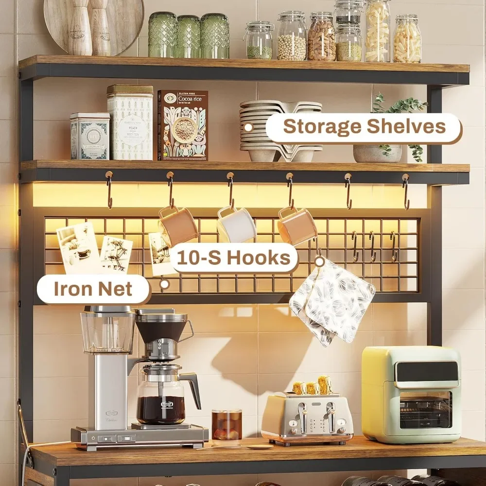 Itaar Bakers Rack with Power Outlet, 6-Tier Coffee Bar, Microwave Stand with Wine Rack, LED Lights and 10 Hooks, Bakers Racks 6