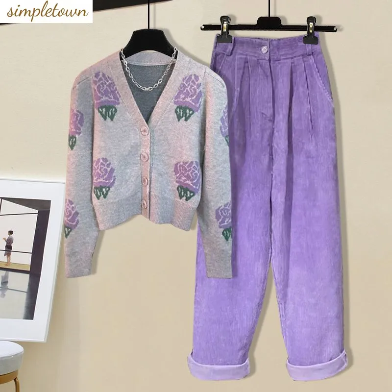 Two Piece Set of Retro, Fashionable, and High-end Women's Autumn New Flower V-neck Purple Sweater+corduroy Casual Pants winter coat for women jackets corduroy jacket furlined coats harajuku retro warmth korean fashion lambswool coat thickening new