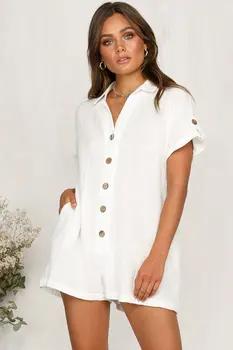 European and American fashion women's spring and summer new product: lapel shirt button jumpsuit 1