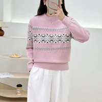 Women's Clothing Half High Collar Pullover Sweater Knitted Geometric Long Sleeve Screw Thread Contrast Color Autumn Winter Tops 1