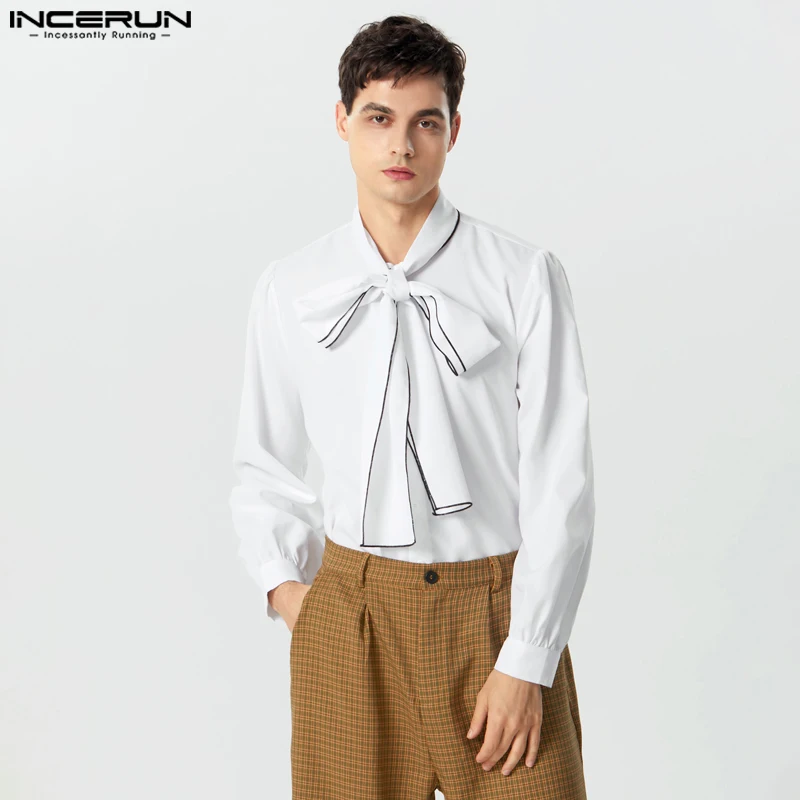 

INCERUN Men Shirts Solid Color Stand Collar Long Sleeve Lace Up Casual Camisas Streetwear 2023 Elegant Fashion Unisex Shirts