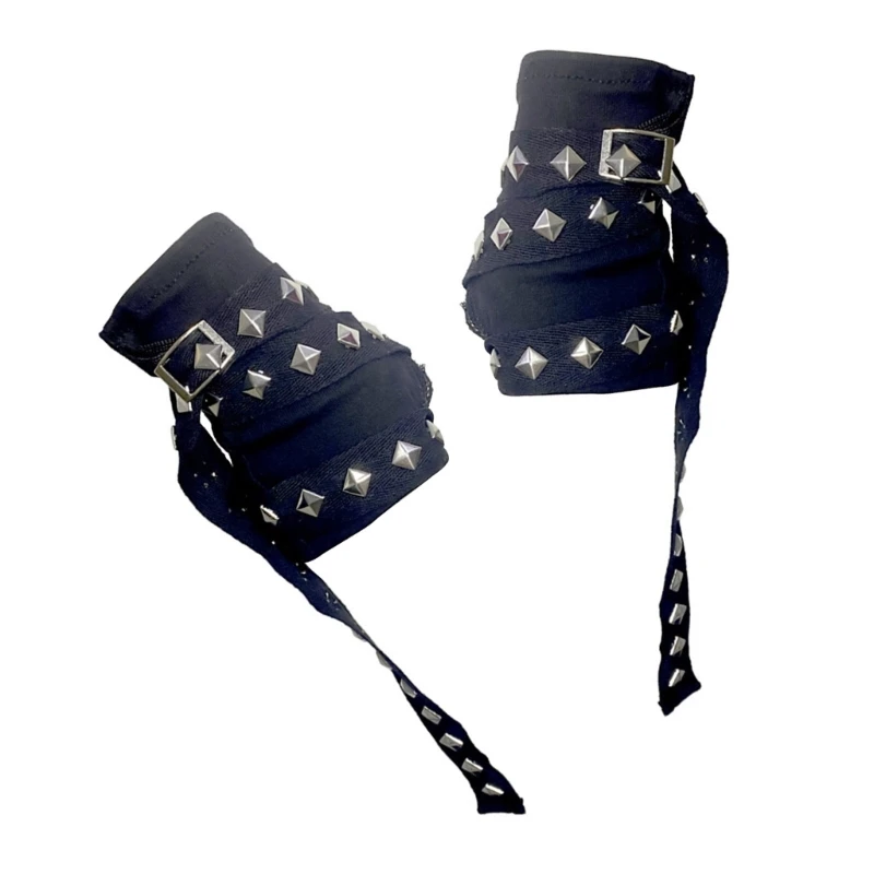 Women Punk Mittens Rivet Ribbons Streetwear Sleeves Half Finger Sleeve for Cycling and Music Festivals 1pair fingerless gloves arm sleeves