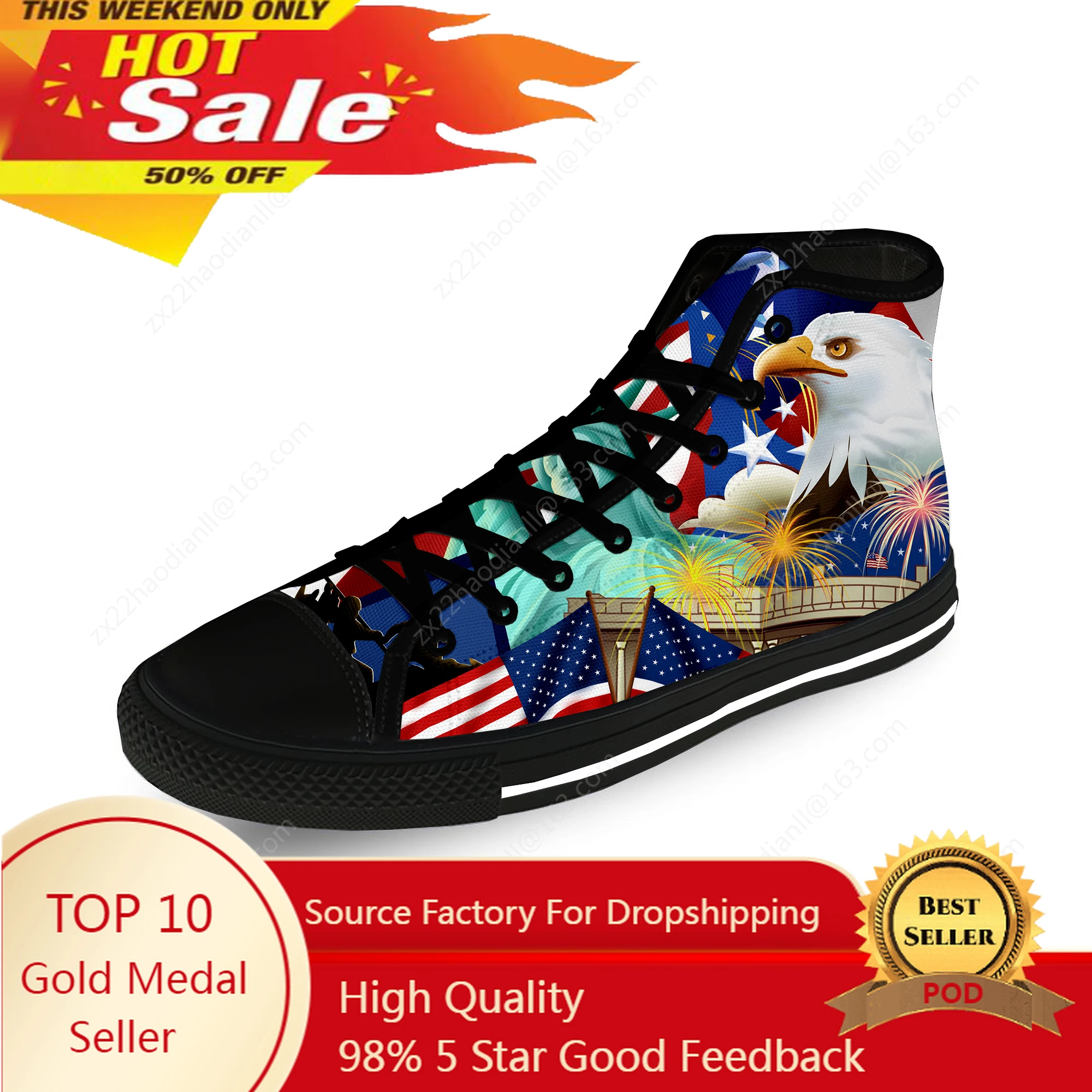 

USA American Flag Eagle Hot Cool Casual Cloth Fashion 3D Print High Top Canvas Shoes Men Women Lightweight Breathable Sneakers