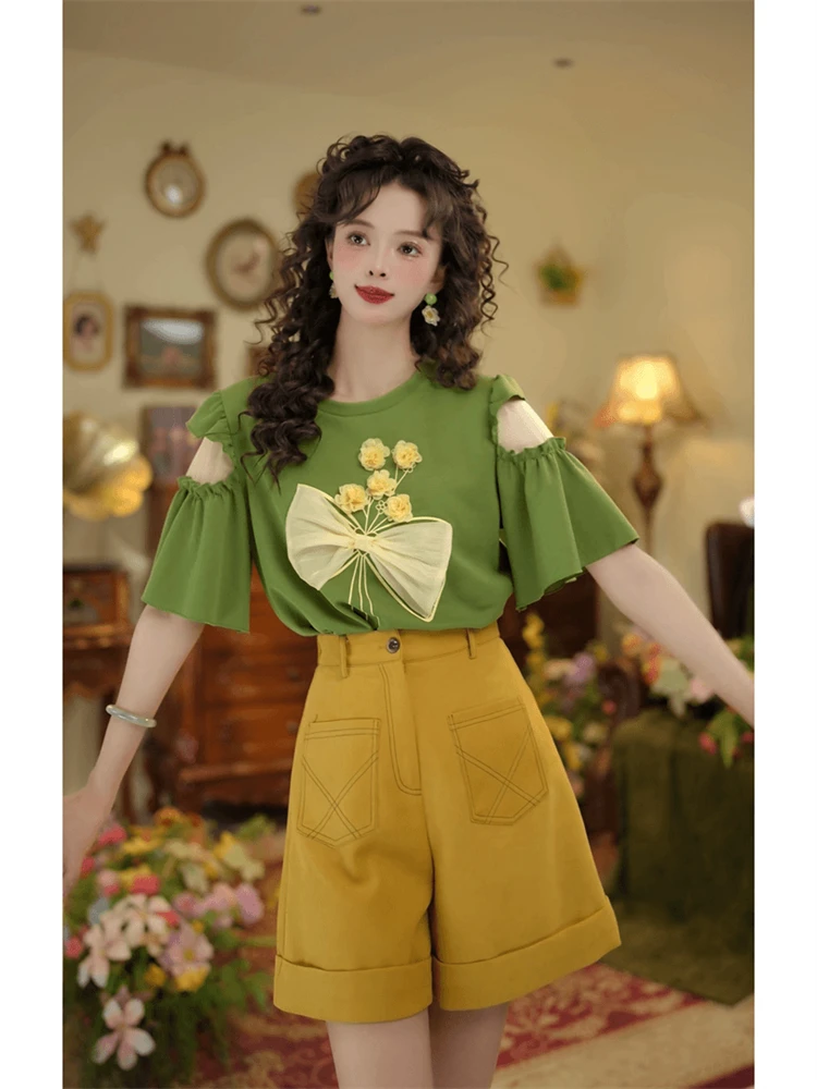 Hong Kong Sle oulder Bared Tee Dimensional Flower Women's Set Loose orts Summer Faion Two Piece Suit round Ne o...