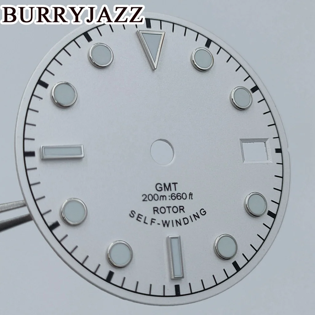 BURRYJAZZ 29mm No NH34 NH35 GMT Watch Dials White Black Dial Green Luminous Fit 3 O'clock 3.8 O'clock Case Crown