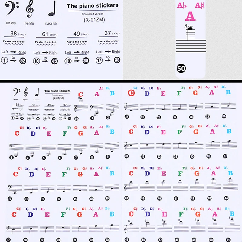 

Decal Piano Stickers 37*11mm Transparent PVC Clear Digital Keyboard Reusable Multicolor For 37/49/88/61/54 Keys