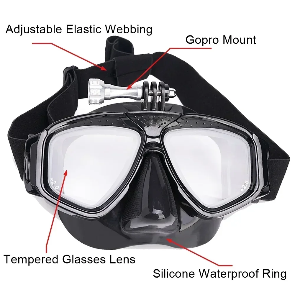 Diving Mask RX Prescription Optical Farsighted Scuba Dive Masks with Tempered Glass Lenses Reading Hyperopia Gear for Adult +2.0 To +5.0