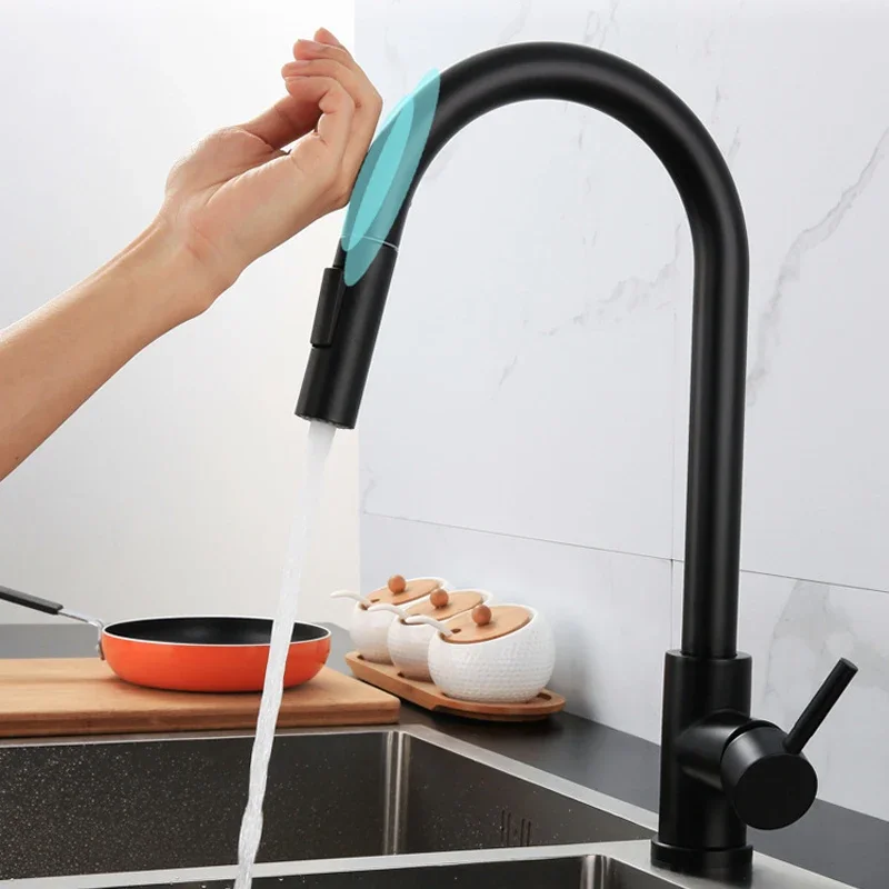 

Pull Out Touch Sensor Kitchen Faucet Deck Mounted Smart Induction Hot Cold Mixer Water Tap Black Gold kitchen Sink Faucets