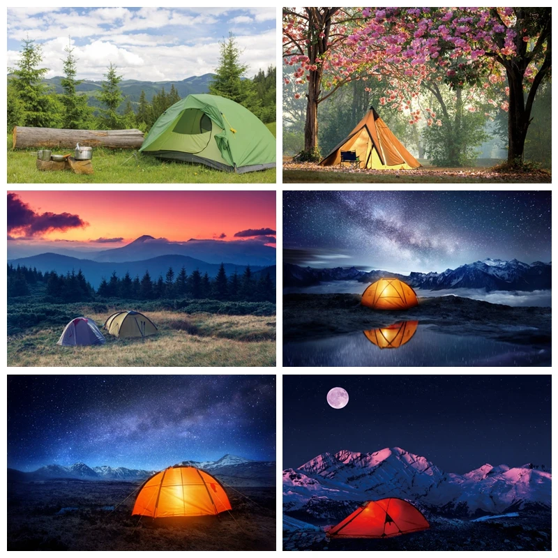 

Camping Backdrop Sunshine River Mountain Forest Starry Sky Landscape Grassland Camp Tents Background Birthday Party Photo Shoot