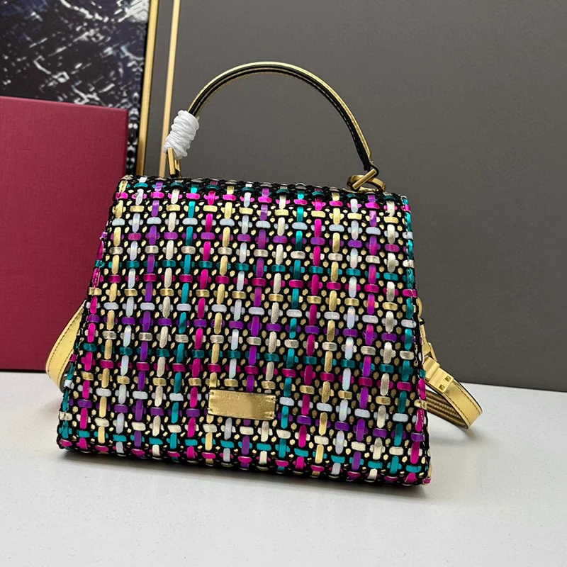 

2023 New natural colorful weave to create handmade tote bag European and American fashion women's casual Joker shoulder slung ha