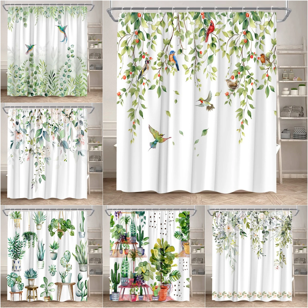 

Botanical Shower Curtain Green Leaf Watercolor Spring Flower Butterfly Tropical Plant Polyester Fabric Bathroom Decor Curtain