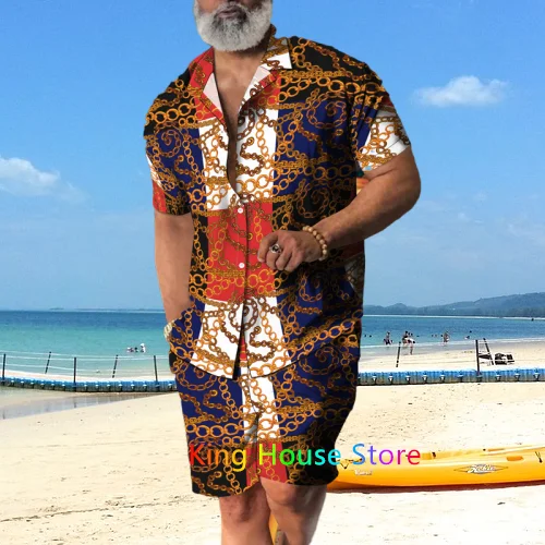 Men Hawaiian Shirt Set Summer Luxury Chain Holiday Clothes For Men Short Sleeve Oversized  Beach Shorts Male 2 Piece Suit Outfit