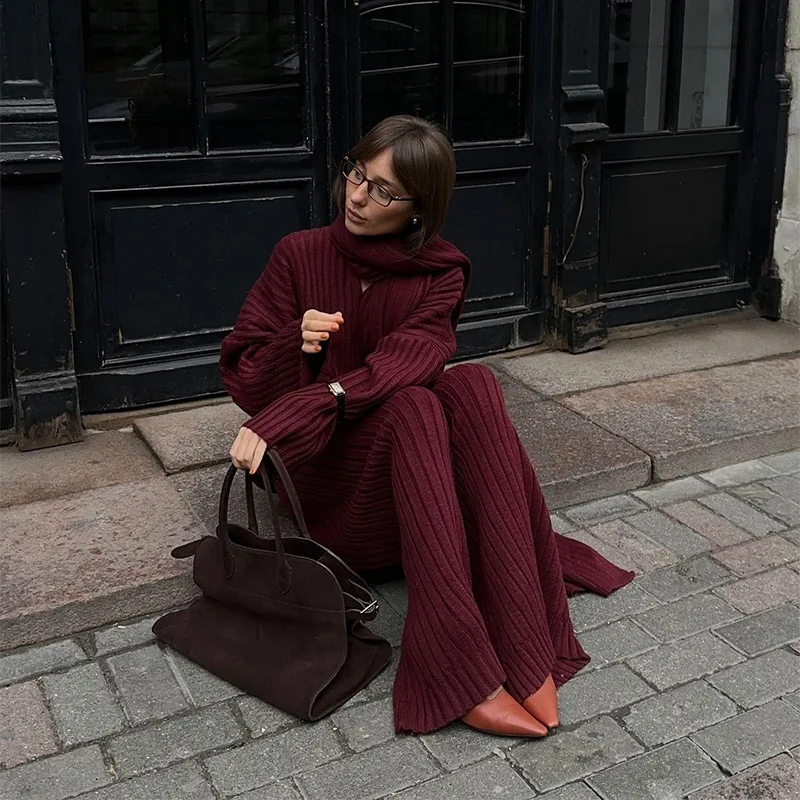 Conjunto de pantalón holgado de punto burdeos y rojo con bufanda para mujer, jersey de manga larga con cuello en V, pantalones anchos y largos, trajes para mujer.