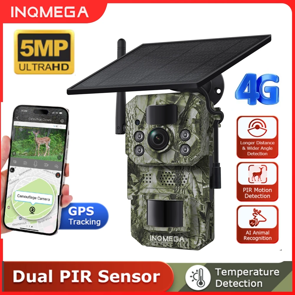 INQMEGA 5MP 4G 태양 사냥 카메라 GPS 위치 PIR 동물 식별 추적..