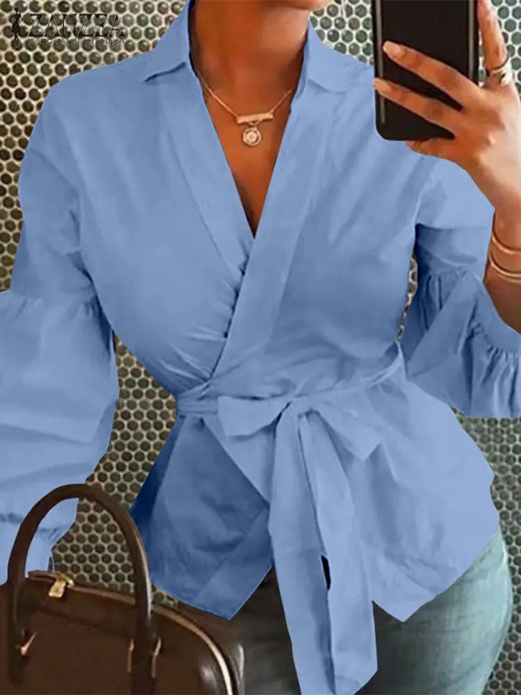 

ZANZEA Sexy V-Neck OL Blouse Elegant Belted Party Shirts Women 2024 Long Lantern Sleeve Tops Fashion Casual Loose Tunic Blusas