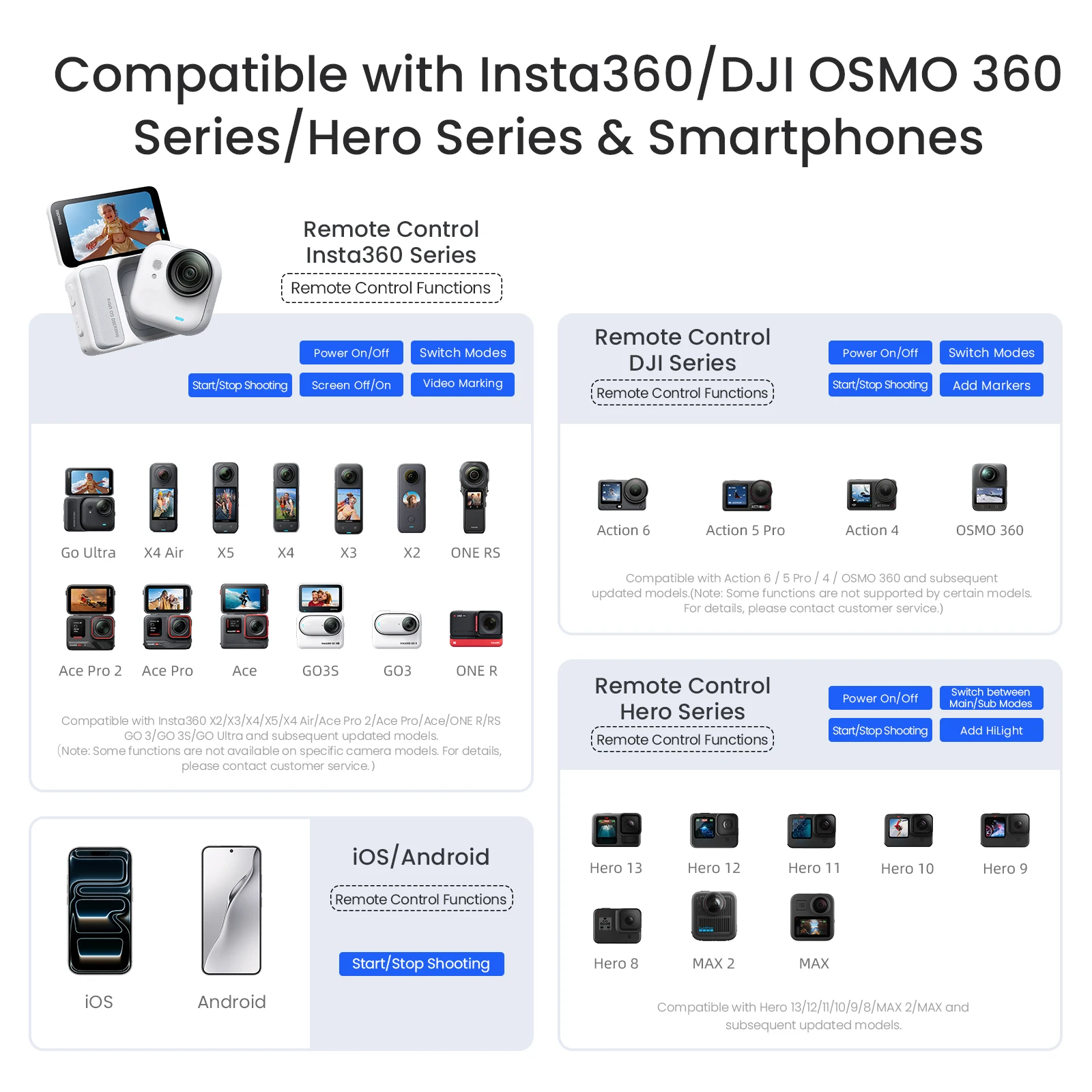 aMagisn 50m & 96H 블루투스 셔터 리모컨 (인스타360 고 울트라/X4 에어/X5/X4/X3/에이스프로2/GO3S/고프로/DJI 액션 4 5 6/오즈모 360 호환)