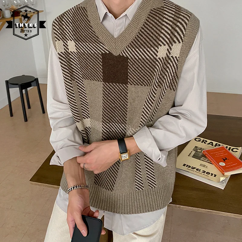 

Вязаный клетчатый свитер с V-образным вырезом, жилет, мужской корейский Свободный простой пуловер в стиле ретро в стиле преппи, вязаные свитера без рукавов, мужские осенние