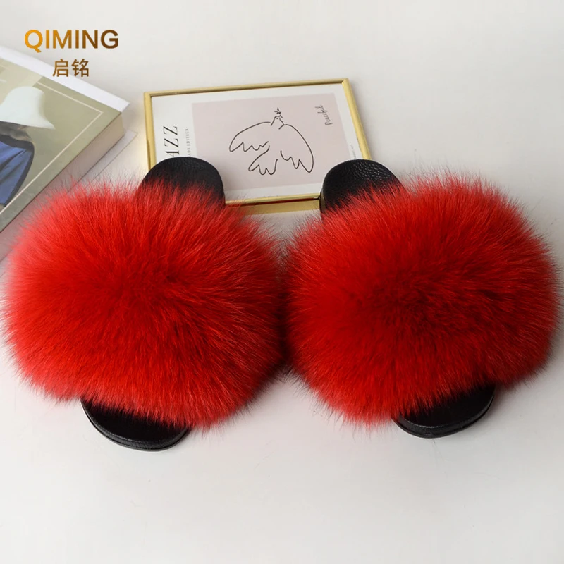 

New Real Fox Fur Slides fur Slippers Lady Natural Raccoon Flip Flops Fluffy Fur Sandals Plush Women Shoes Woman Slipper