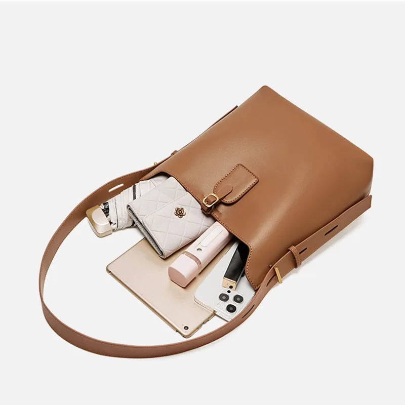 Women&lsquo;s Genuine Leather Shoulder bag Ladies Retro Solid Color Handbag Female Fashion Luxury Design Crossbody Bucket Bags