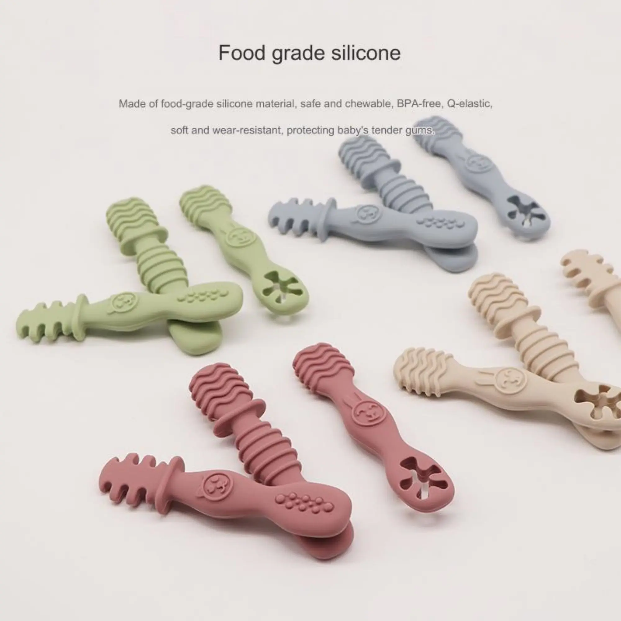 3-Pack Silicone Chewing Spoon Set, Easy to Grip, for Babies and Toddlers, Self-Feeding Utensils for Toddlers 6+ Months, Beige 5