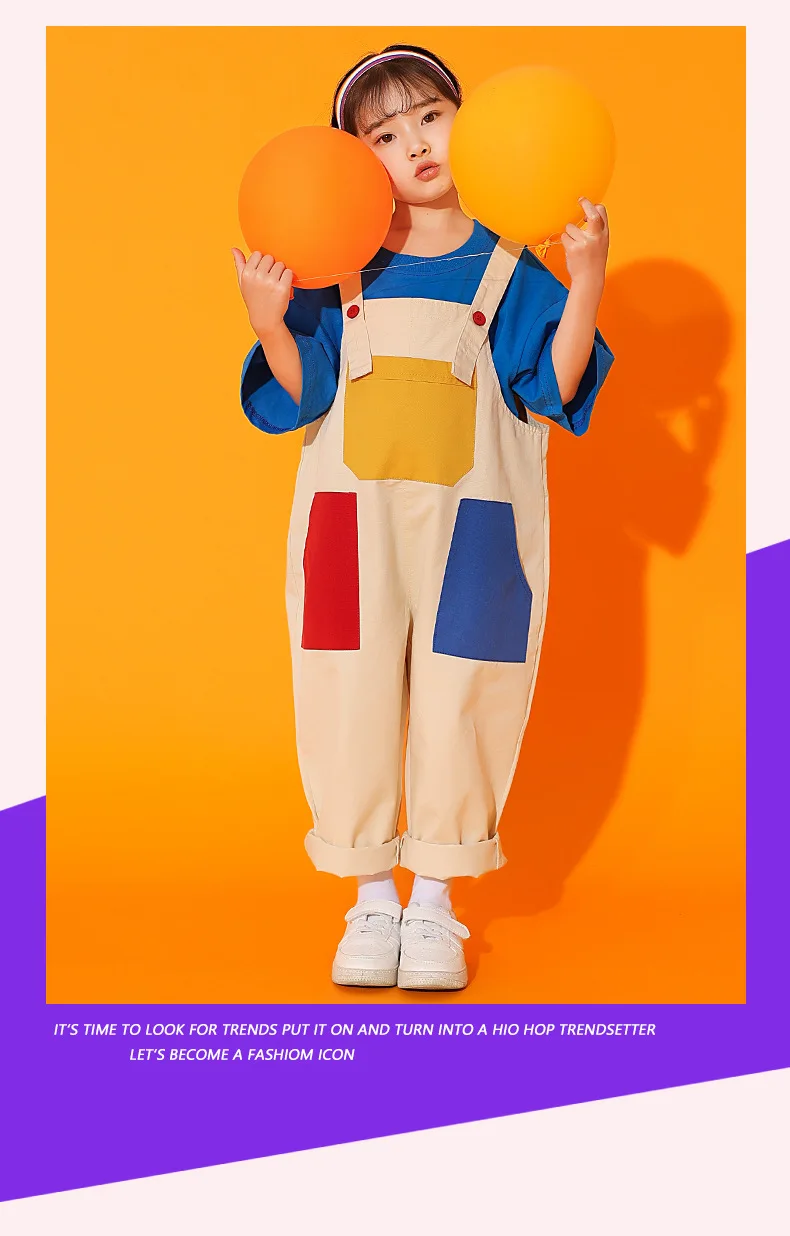 Boys Hip Hop Colored T-shirt Loose Contrast Overalls Girls Patchwork Dungaree Child Jumpsuit Street Dance Romper Kids Streetwear