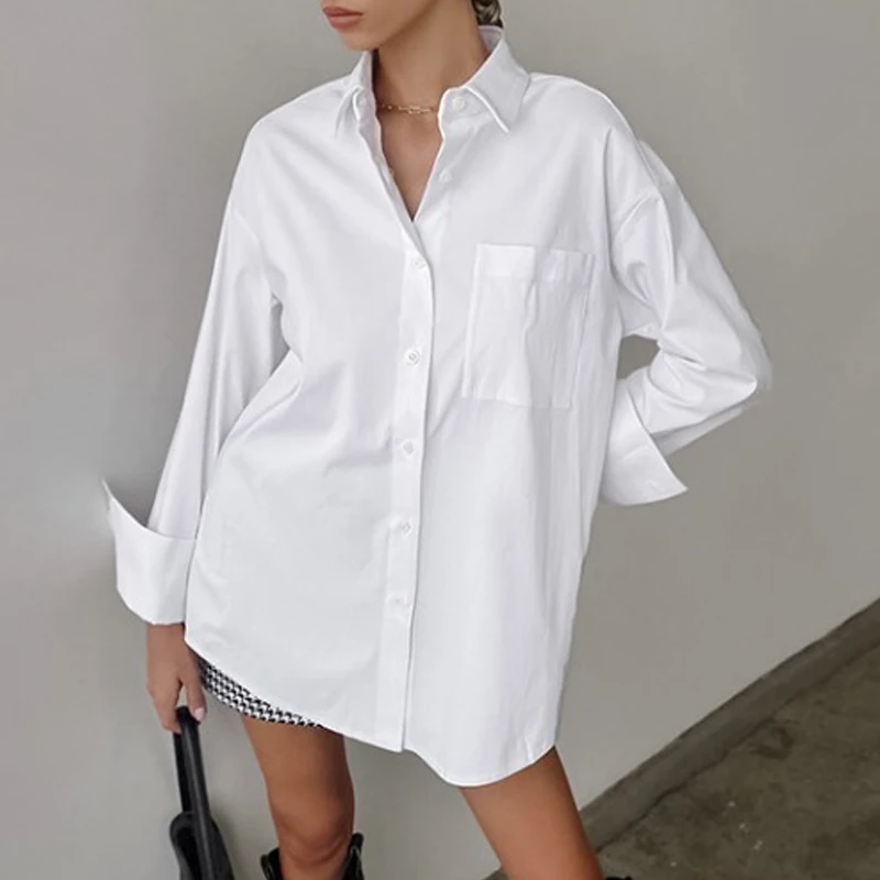 

New Turn Down Collar Blouse Solid Color Simple Fashion Casual Loose Clothes White Shirts Summer Long Sleeve Women Tops 28686