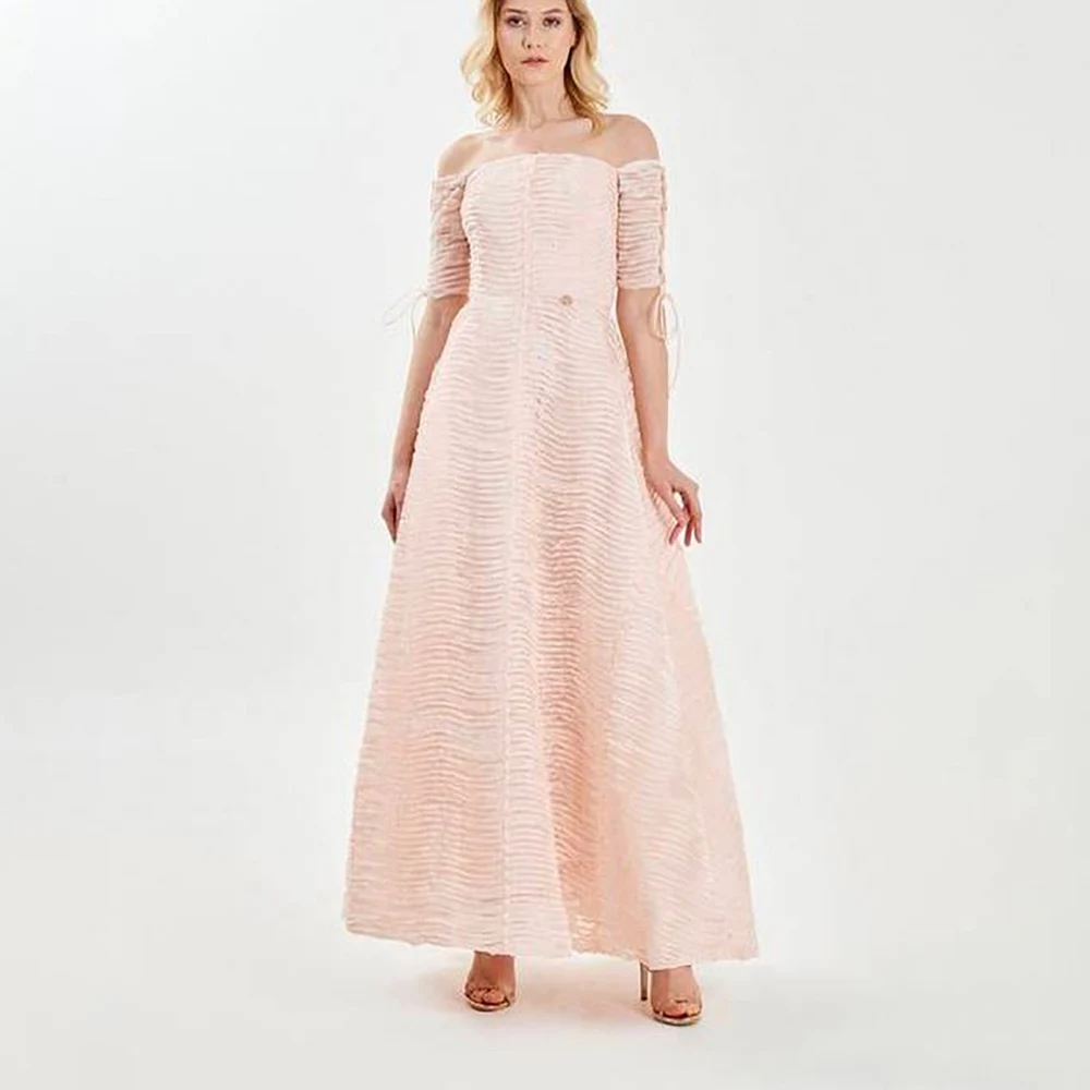 

OEING Off Shoulder Luxury Formal Evening Dresses Pleat Short Sleeves فساتين سهرة Ankle Length Elegant Prom Growns Party Women