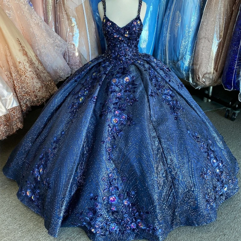 

Navy Blue Shiny Quinceanera Dresses V-Neck Off Shoulder Ball Gown Sweet 16 Dress Beading Appliques Flower Sequins Birthday Party