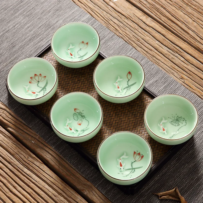 60ml Celadon Chinese Kung Fu Tea Set Round Flat Lotus Carp Pu'er Tea Cups Hand-painted Ceramic Single Carp Teacup tea cup