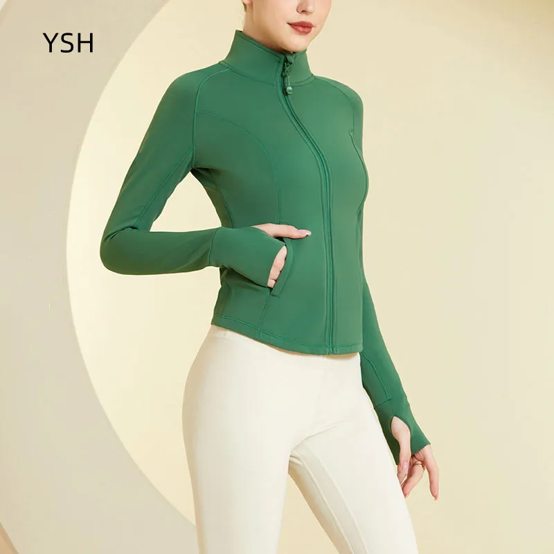 

YUSHUHUA Plush Slim Fit Sport Yoga Jacket Stand Collar Workout Running Coat Women Zipper Jogger Fitness Jacket With Thumb Holes