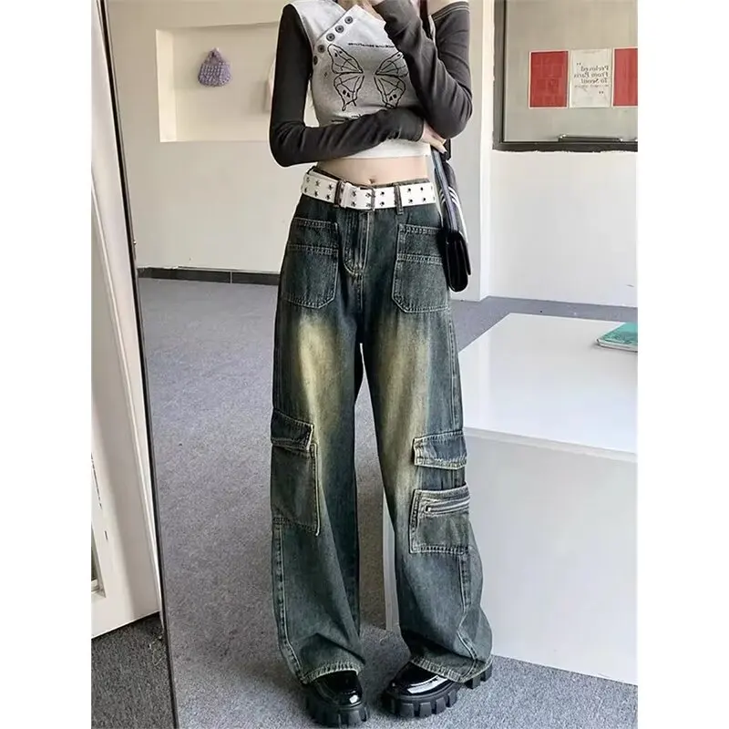 

American Retro Washed Chic Design Workwear Multi Pocket Jeans 2024 Women Summer New High Waist Slim Loose Straight Wide Leg Pant