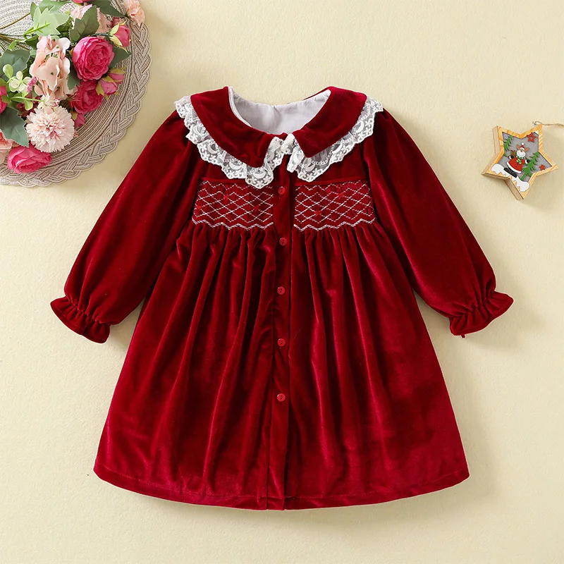 

Girls Autumn Winter Warm Pleuche Smocked Dress Children Long Sleeve Embroidered Princess Red Dress For Christmas New Year Party