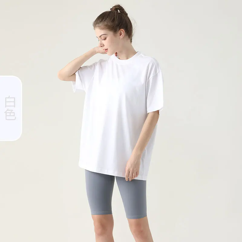 Spring Summer New Cotton Women Loose Short Sleeve T-shirt Gym Fitness Oversize All-in-one Crew-neck Mid-length Breathable Tee