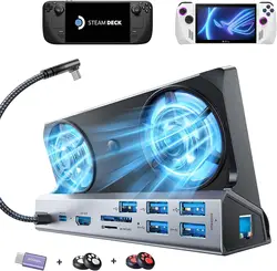 Legion Go/ROG Ally/Steam Deck Dock,13-in-1 Steam Deck Docking Station with 5 USB 3.0&2.0, Dual Cooling Fan for Valve Stream Deck