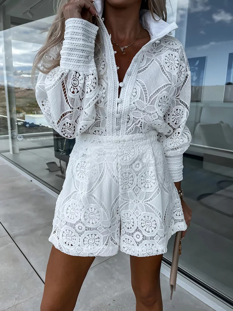 

Summer Women Loungewear Matching Sets 2023 New Stand Collar Lantern Sleeve Fashion Solid Ladies Outfit Streetwear Dropshipping