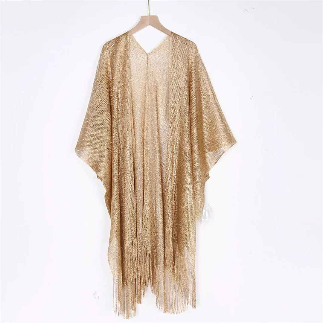 Sexy Fringe Tassel Mesh Sheer Shiny Knitted Tunic Beach Cover Up Cover-ups Beach Dress Beach Wear Beachwear Female Women