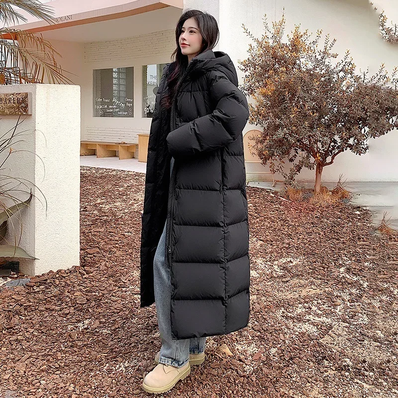 thumbnail image 1 of Chaqueta de plumón larga de invierno 2024 para mujer, chaqueta acolchada con capucha y plumón de pato blanco suelto, abrigo grueso y cálido hasta la rodilla, resistente al viento, 1 of 5