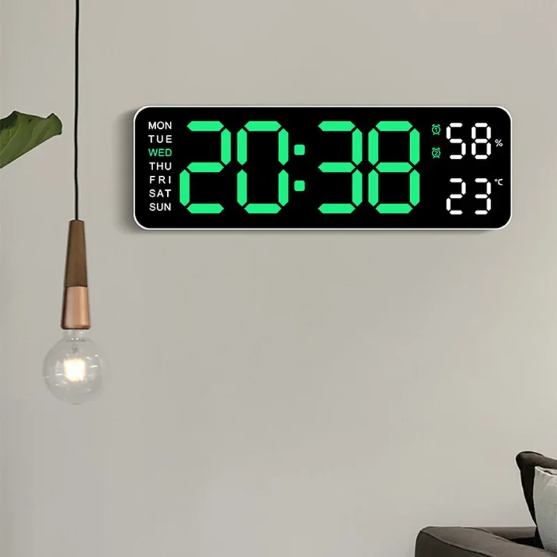 12/24H Large Digital Wall Clock LED Table Alarm Clock Brightness Adjustable Electronic Temperature Humidity Week Display digital wall clock