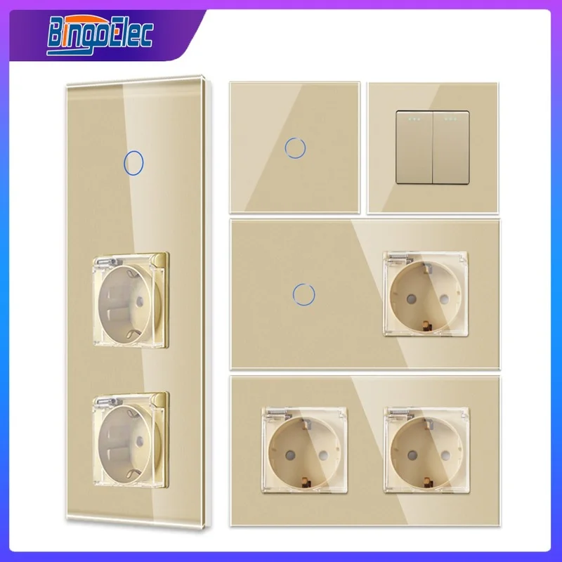 Bingoelec Tomada Elétrica com Painel de Vidro Cristal Luz Dourada Toque Interruptor Impermeável Melhoria Home