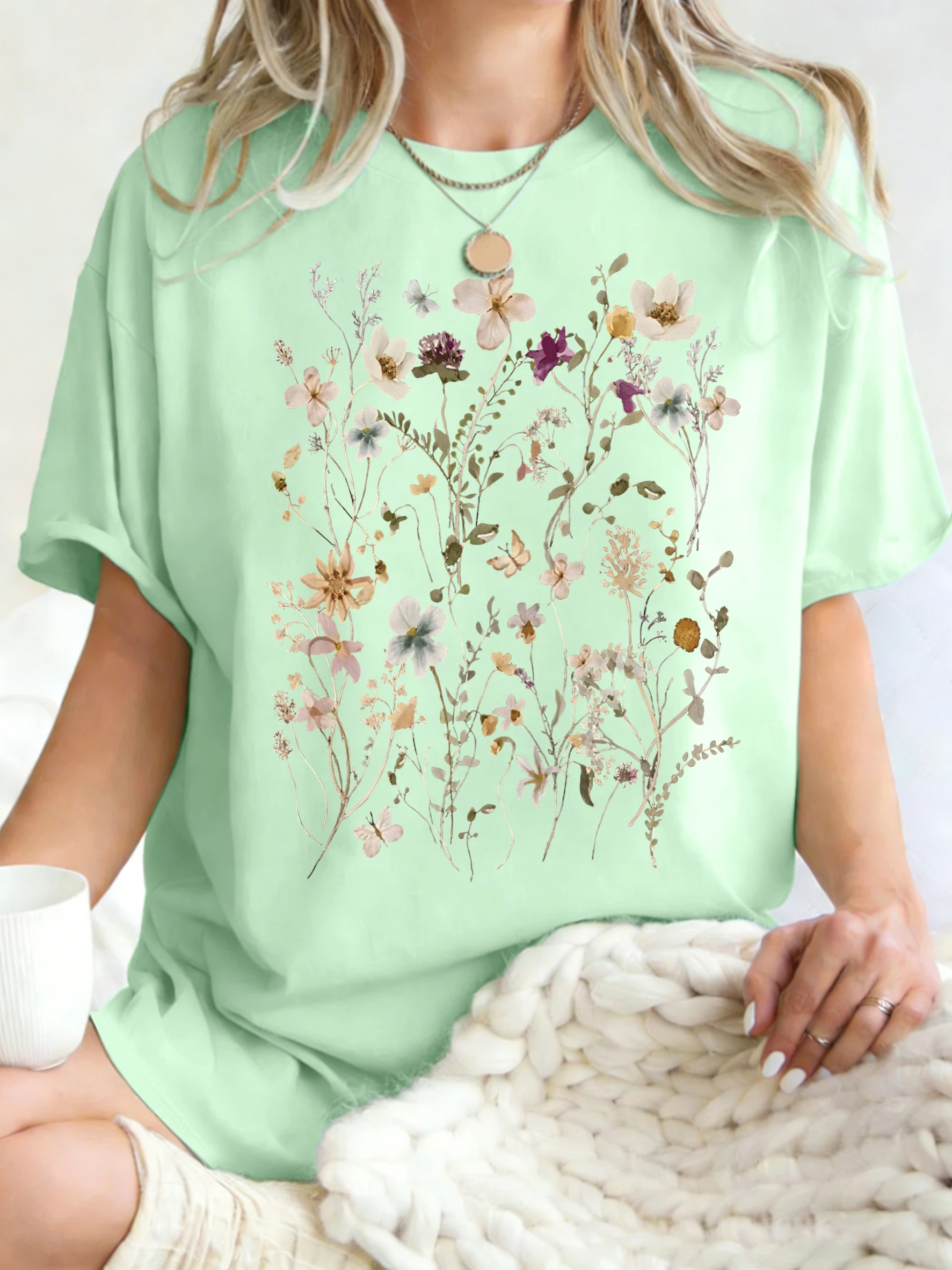 Beautiful Flower Clusters Printing Woman T-Shirt Summer Oversized Short Sleeve O-Neck Cotton T Shirts Y2K Women Sports Tops