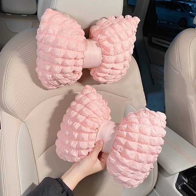 Car Seat Headrest Pillow Cute Bow Velvet Head Support Cushion Lumbar Pillow  Soft Ice Silk Breathable Detachable Car Accessories