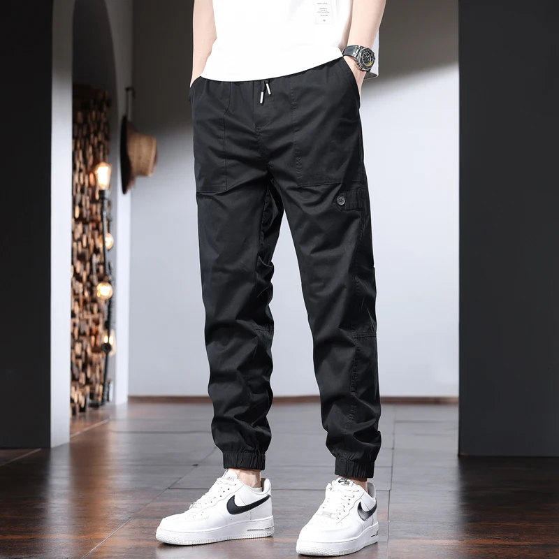 Summer Khaki Casual Pants Men Korean Style Cotton Slim Fit Elastic Waist Drawstring Joggers Trousers